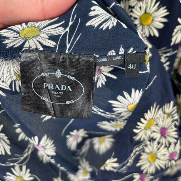 PRADA Navy Blue White 100% Silk Daisy Print Button Up Long Sleeve Mini Dress 8 - Picture 8 of 8